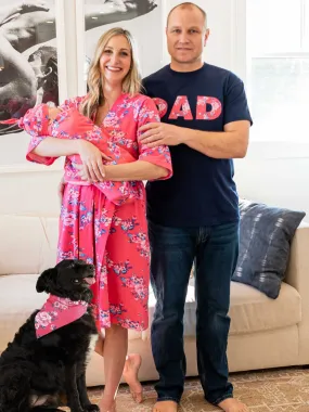 Rose Robe & Newborn Swaddle Blanket Set & Navy Dad T-Shirt & Dog Bandana