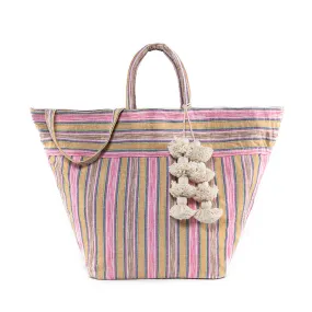 Samui Stripe Organic Tassel Beach Bag Sand/Pink