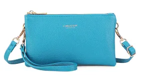 SMALL MULTI-POCKET CROSSBODY PURSE BAG WITH WRIST AND LONG STRAPS - BLUE