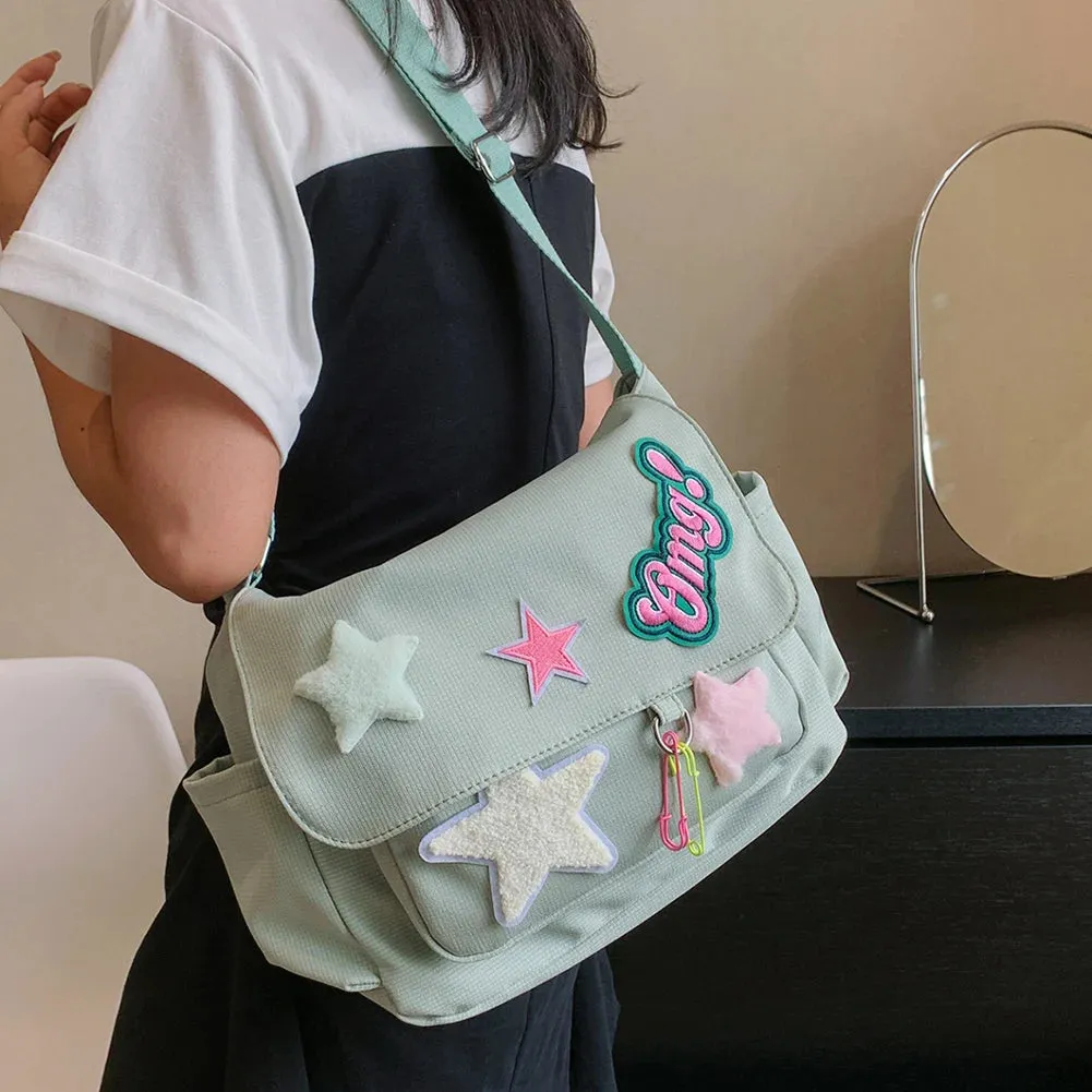 Sohiwoo Star Letter Applique Messenger Bag Candy Color Student Crossbody Bags Large Capacity Travel Shoulder Bag Women's Fashion Satchel