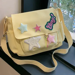 Sohiwoo Star Letter Applique Messenger Bag Candy Color Student Crossbody Bags Large Capacity Travel Shoulder Bag Women's Fashion Satchel