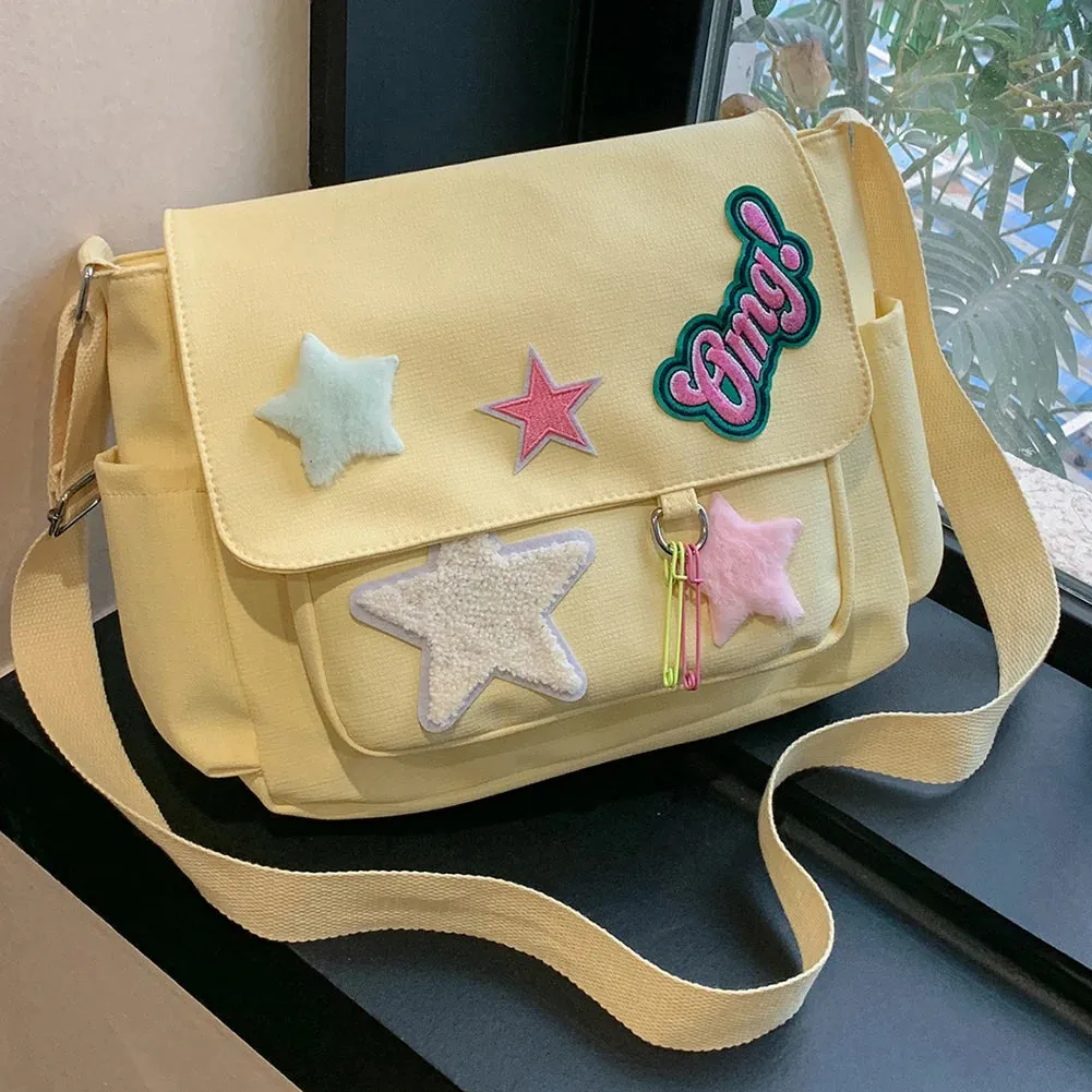 Sohiwoo Star Letter Applique Messenger Bag Candy Color Student Crossbody Bags Large Capacity Travel Shoulder Bag Women's Fashion Satchel