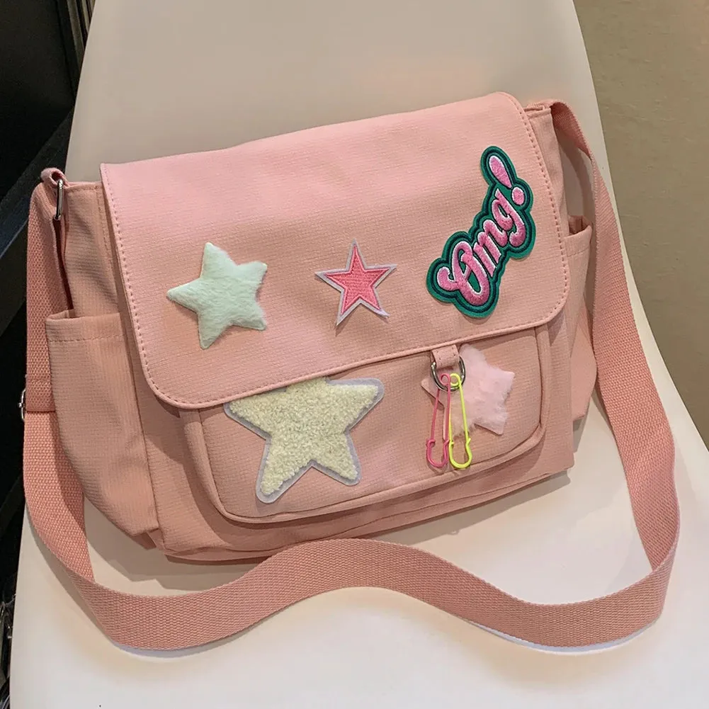 Sohiwoo Star Letter Applique Messenger Bag Candy Color Student Crossbody Bags Large Capacity Travel Shoulder Bag Women's Fashion Satchel