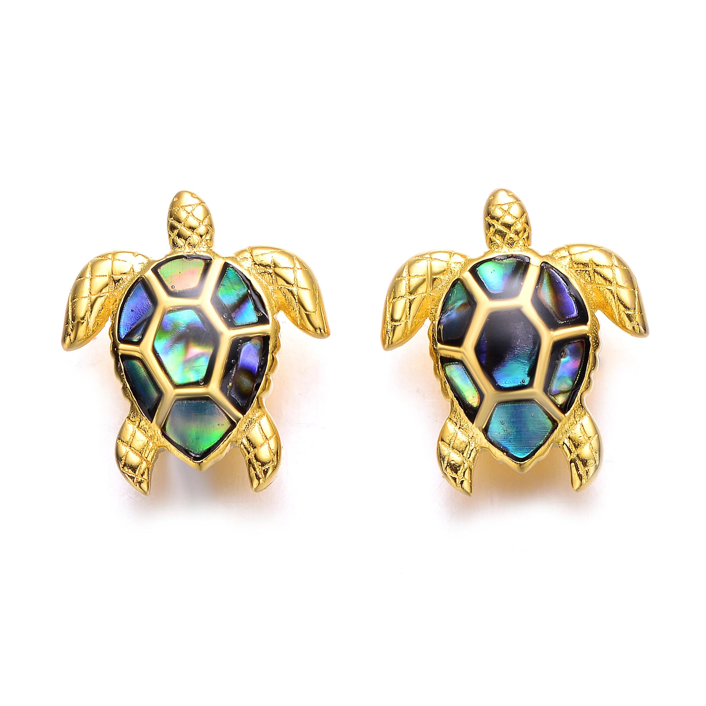 Sterling Silver 14k Yellow Gold Plated with Shimmering Abalone Shell Inlay Sea Turtle Stud Earrings