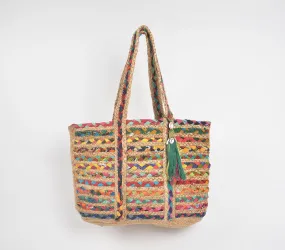 Tasseled Multicolour Stripes Jute Tote Bag