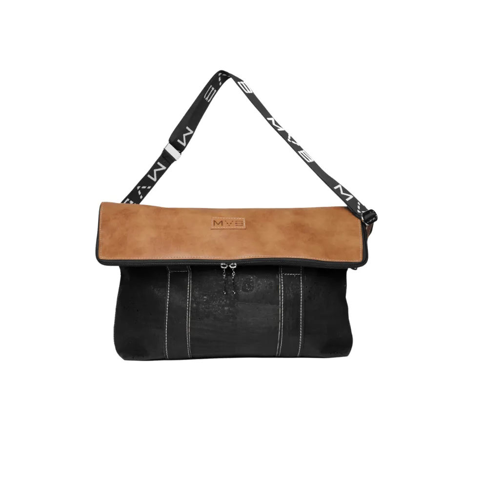 The Versa Flop Cork Vegan Messenger Bag | Black & Camel