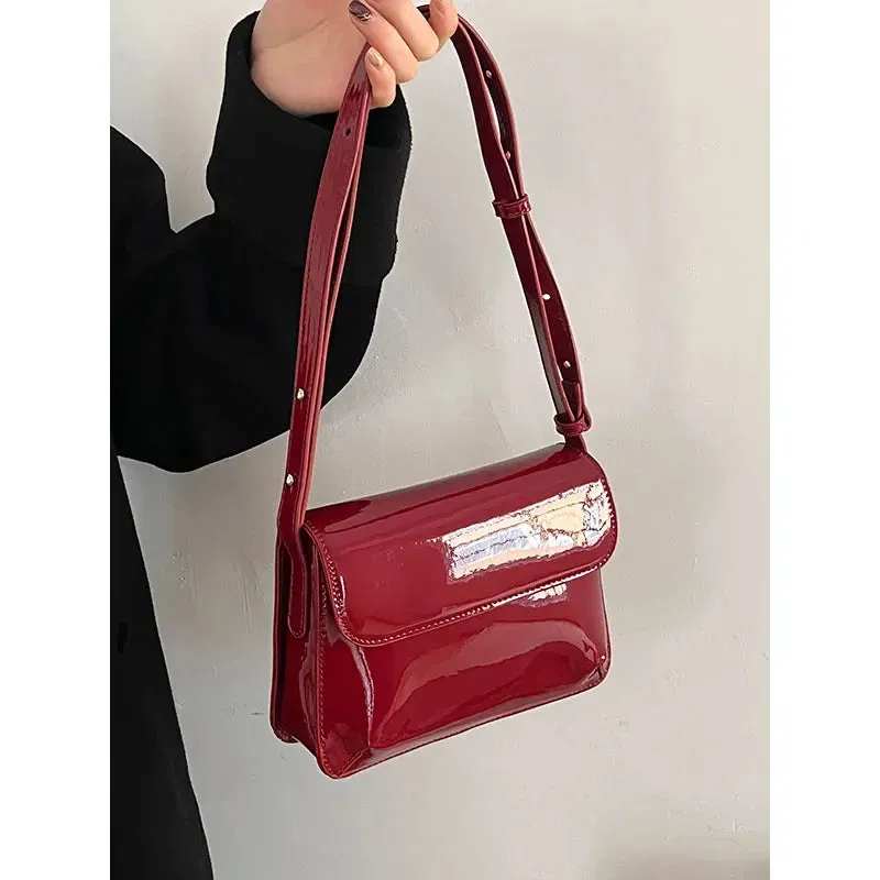 VAIGE Vintage Red Patent Leather Small Square Shoulder Bag - Simple Crossbody Messenger Purse