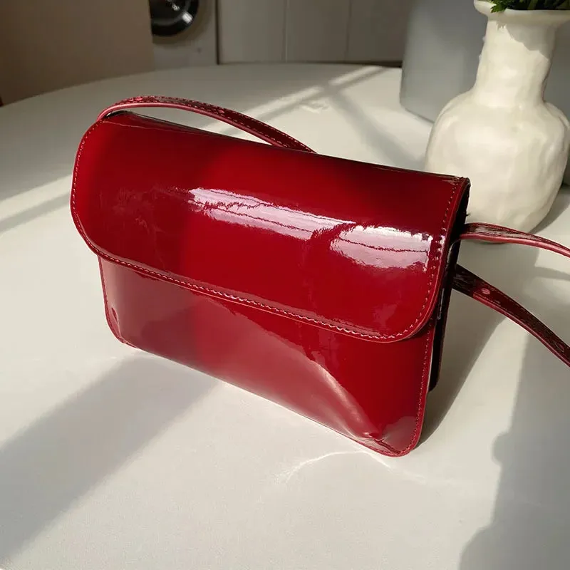 VAIGE Vintage Red Patent Leather Small Square Shoulder Bag - Simple Crossbody Messenger Purse