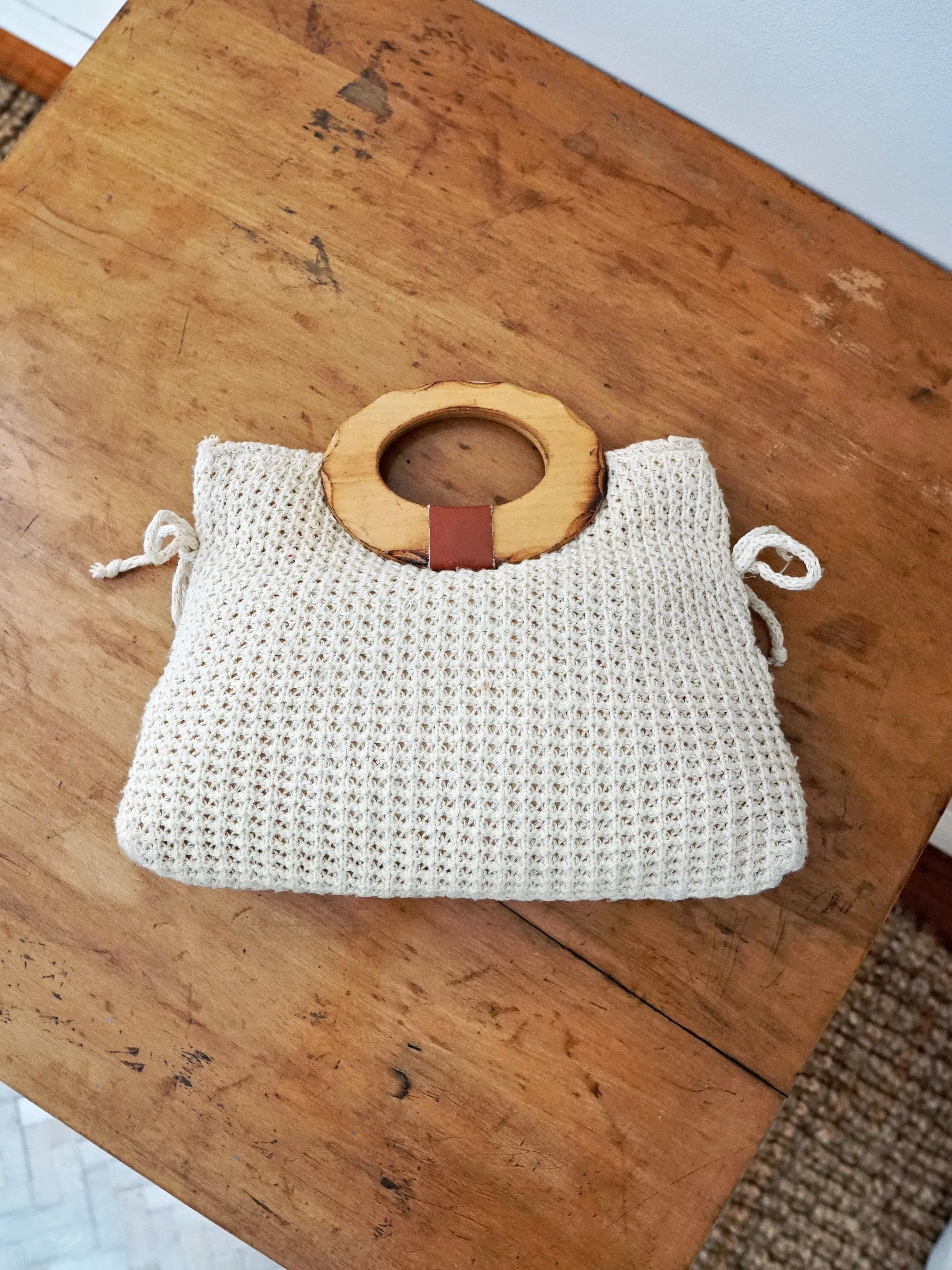 Vintage Crochet Wood Handle Bag