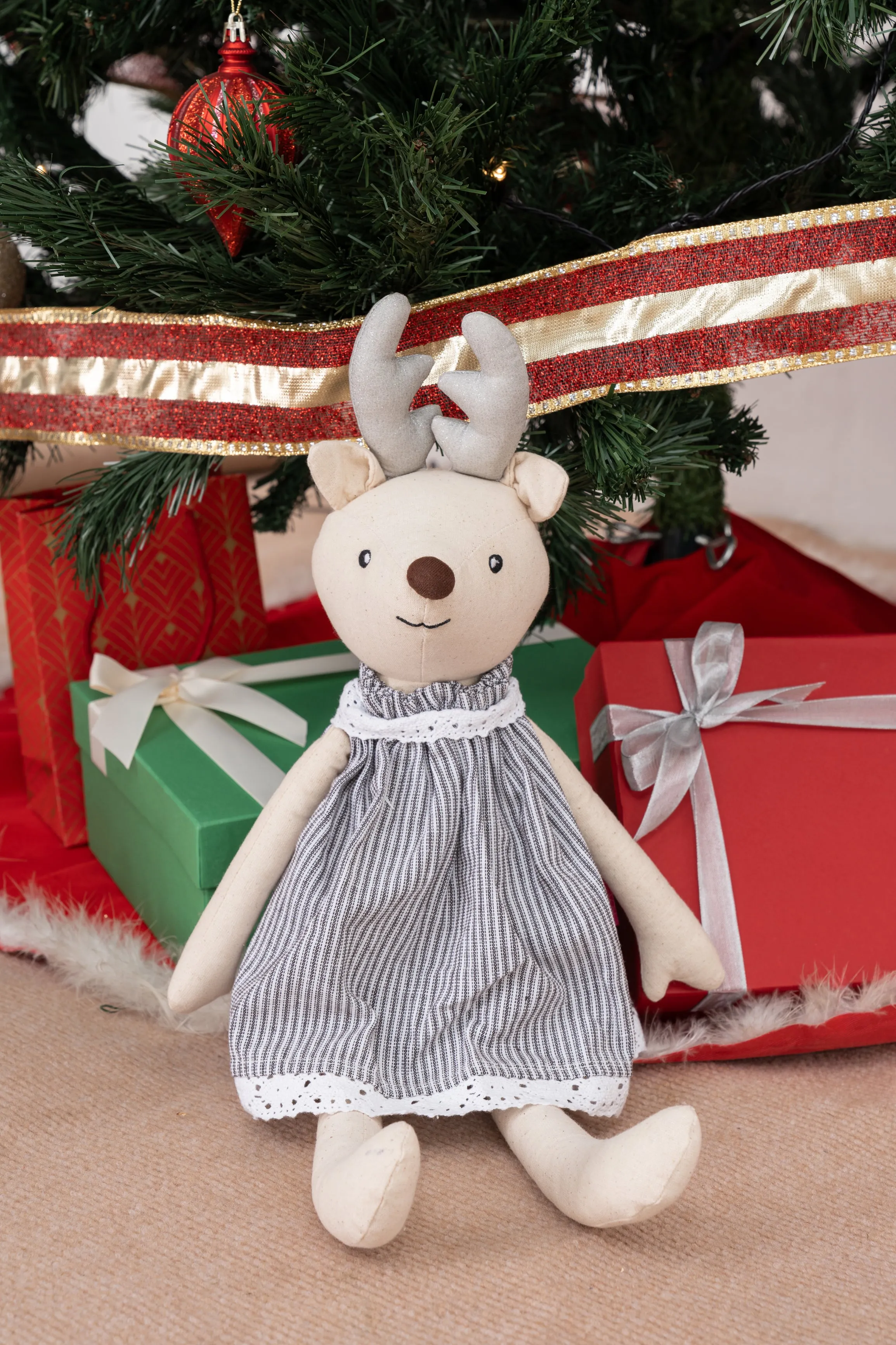 White Holiday Reindeer in Blue & White Stripe Outfit